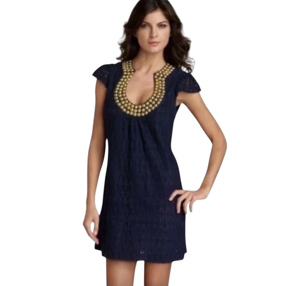 Trina Turk Bonita Mini Dress Sz 4 Navy Blue Lace Antique Gold Embellishm…